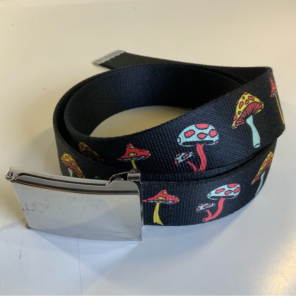 Mushroom Print Web Belt w/ Bottle Opener Buckle – Reversible Adjustable Unisex